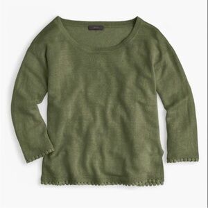 J.Crew Green Linen Lightweight Sweater Pompom Trim Size XXS